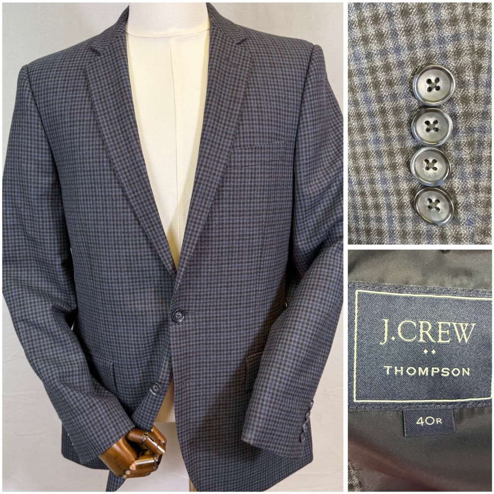 J.Crew Thompson Blazer Mens 40R Black/Navy Check Wool Blend 2 Button Sport Coat